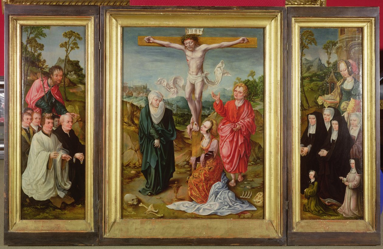 Triptych of The Crucifixion: St. Barbara with Donors (right wing); St. James the Greater with Donors (left wing); The Crucifixion (centre) by Cornelis Engebrechtsz