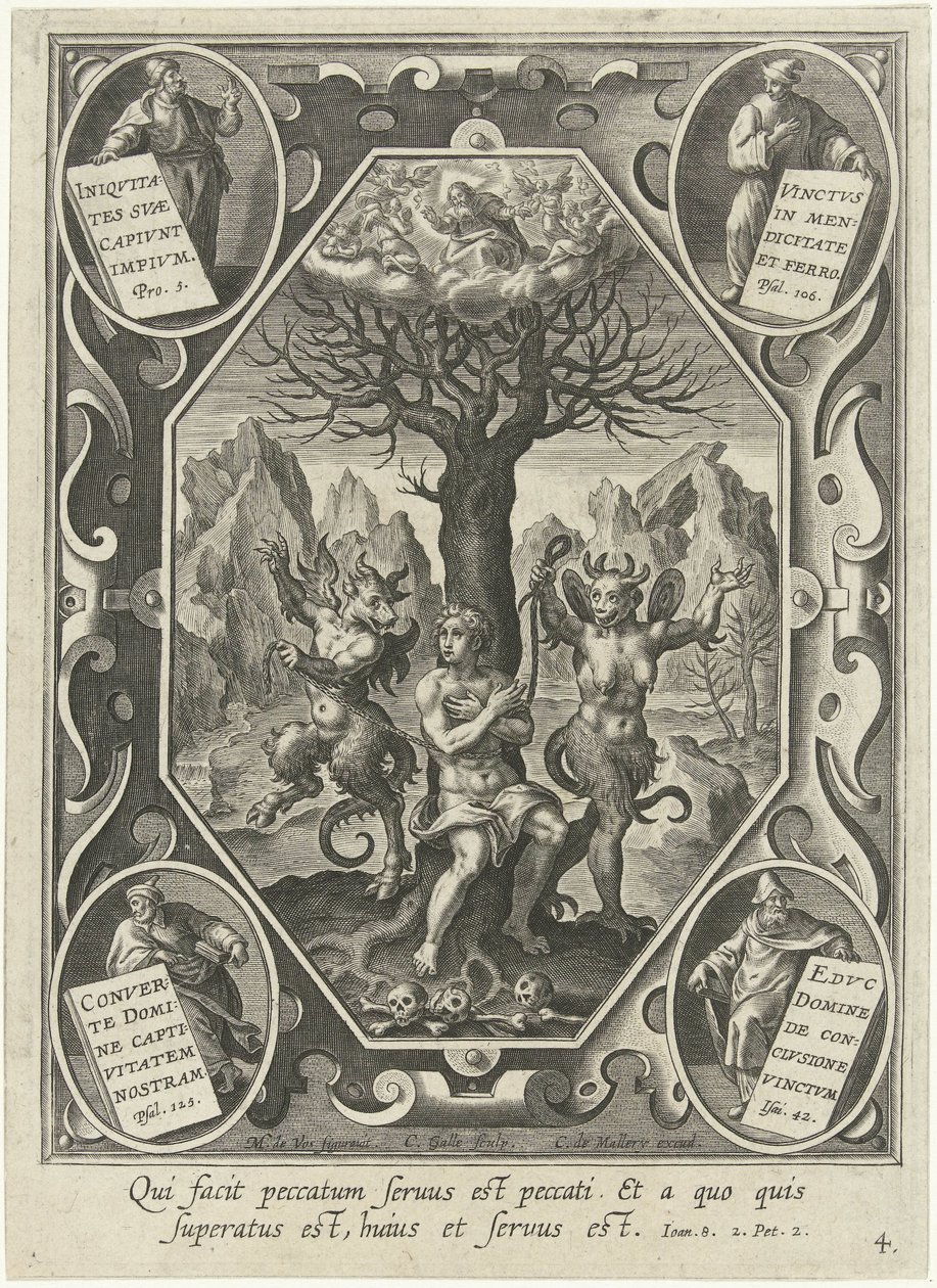 A Young Man Chained to a Tree by Two Devils by Cornelis Galle (I)