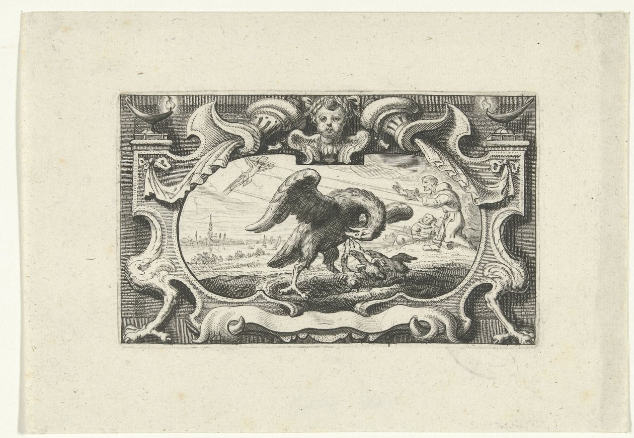 Vignette with Pelican Feeding Its Young with Its Own Blood by Cornelis Galle (II) (attributed to)