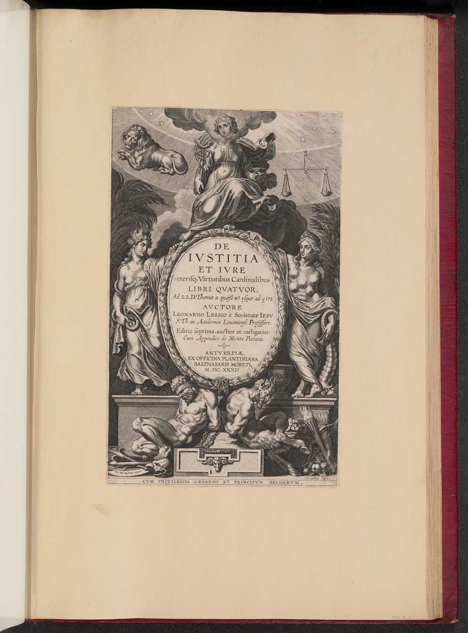 Title Page for Leonard Lessius, De Ivstitia et Ivre by Cornelis Galle I after Sir Peter Paul Rubens