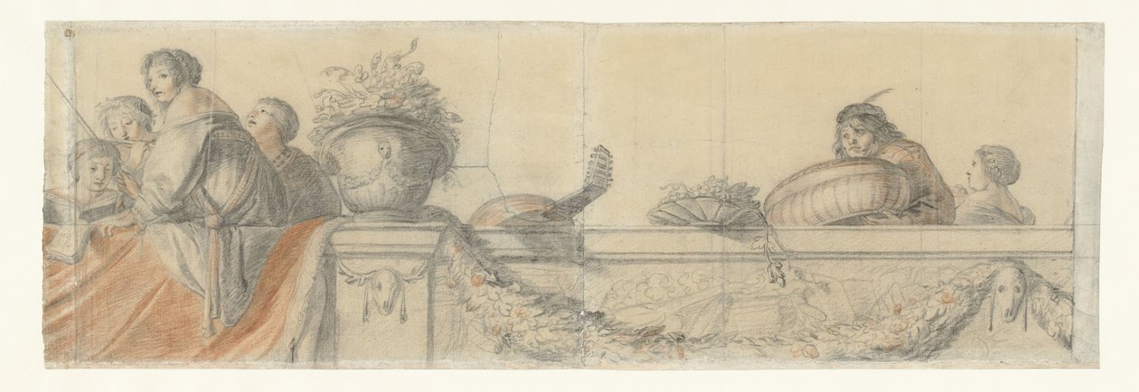 People on a Balustrade with Festoons (Designs for Wall Paintings in Honselaersdijk Castle series) by Cornelis Holsteyn