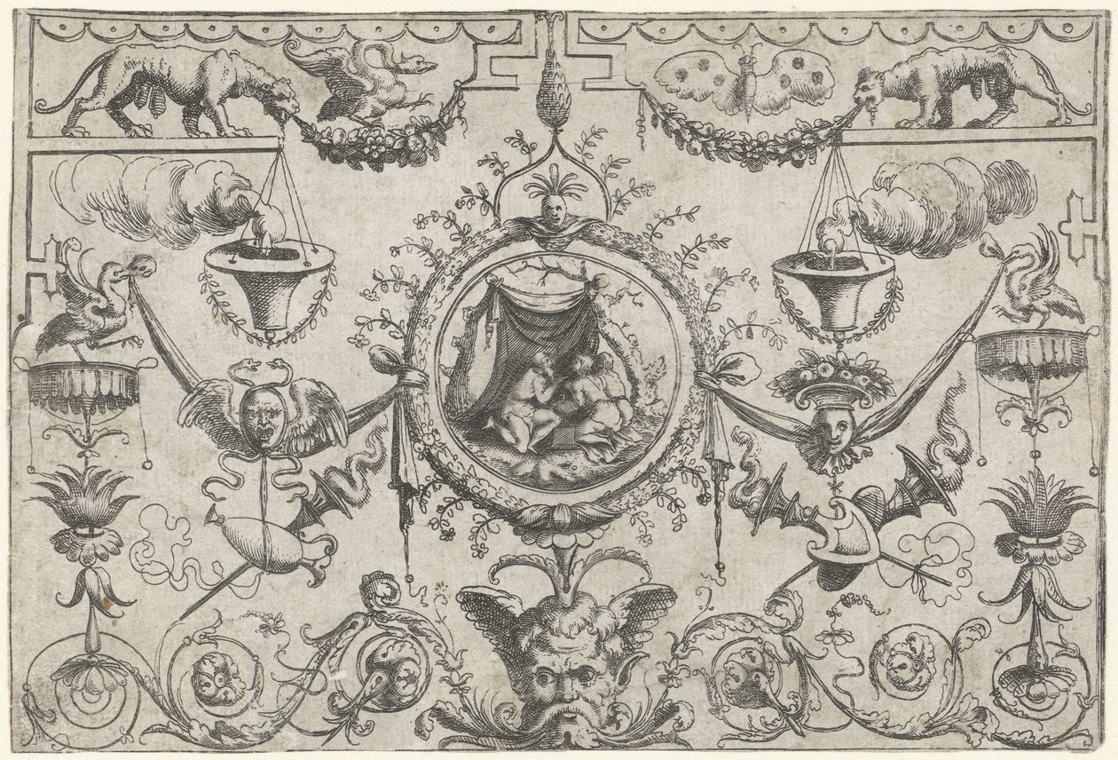 Ornament with Three Figures Kneeling Under a Cloth by Cornelis Massijs (attributed to)