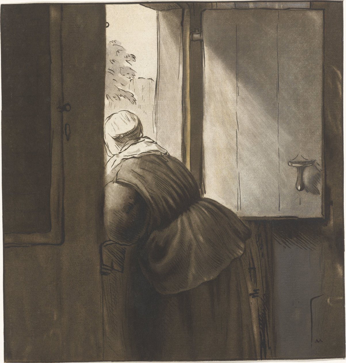 Woman Leaning Over a Half-Door by Cornelis Ploos van Amstel (signed by artist)