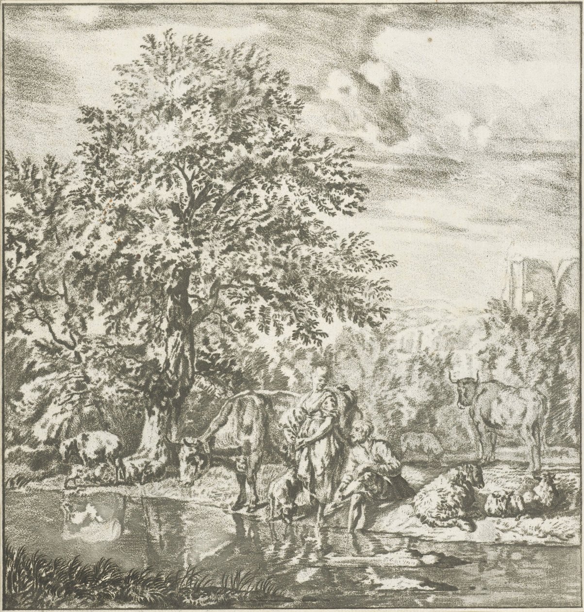 Shepherd and Shepherdess with Flock by a River (series title) by Cornelis Ploos van Amstel