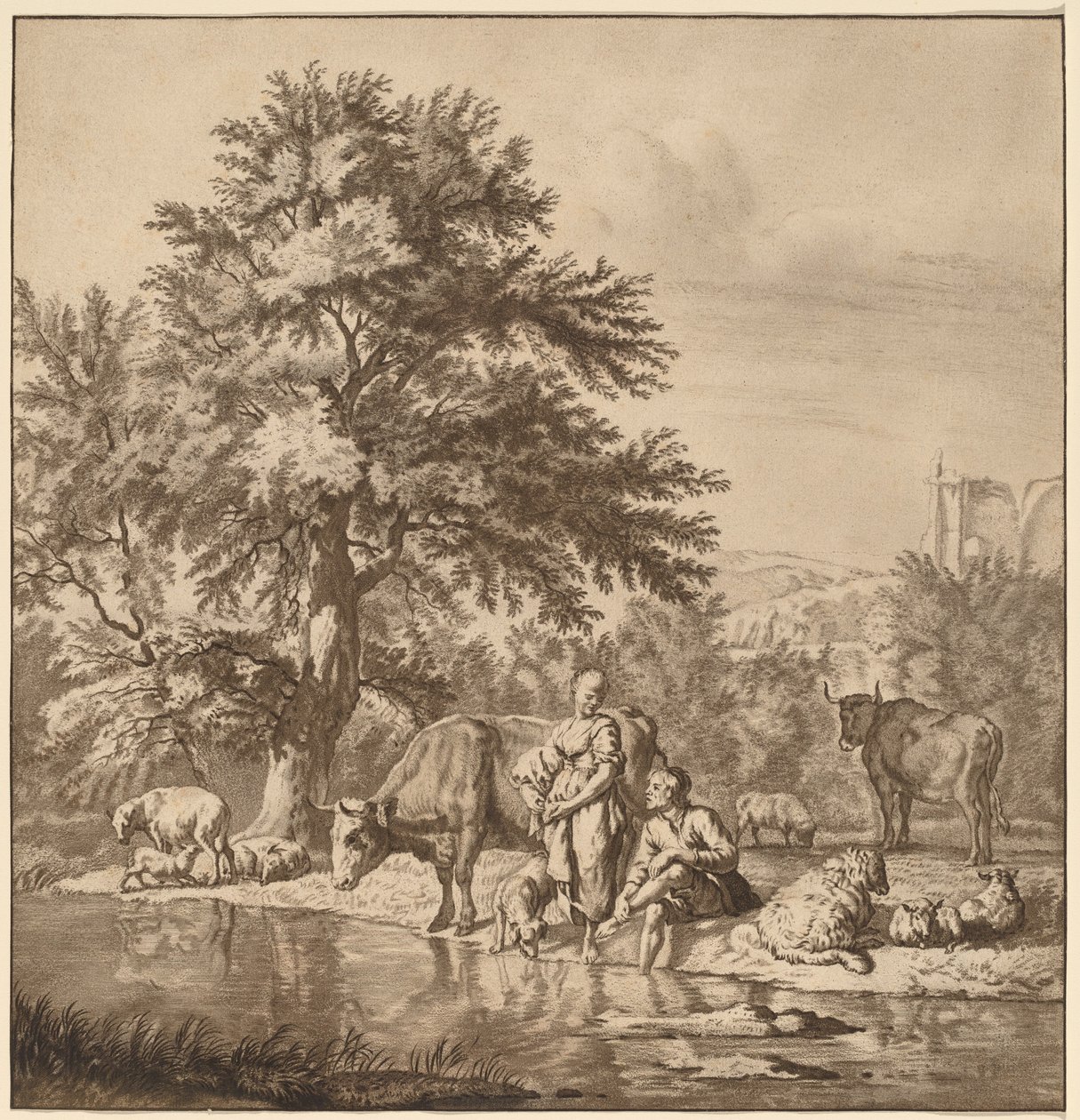 Shepherd and Shepherdess with Their Flock by Cornelis Ploos van Amstel after Adriaen