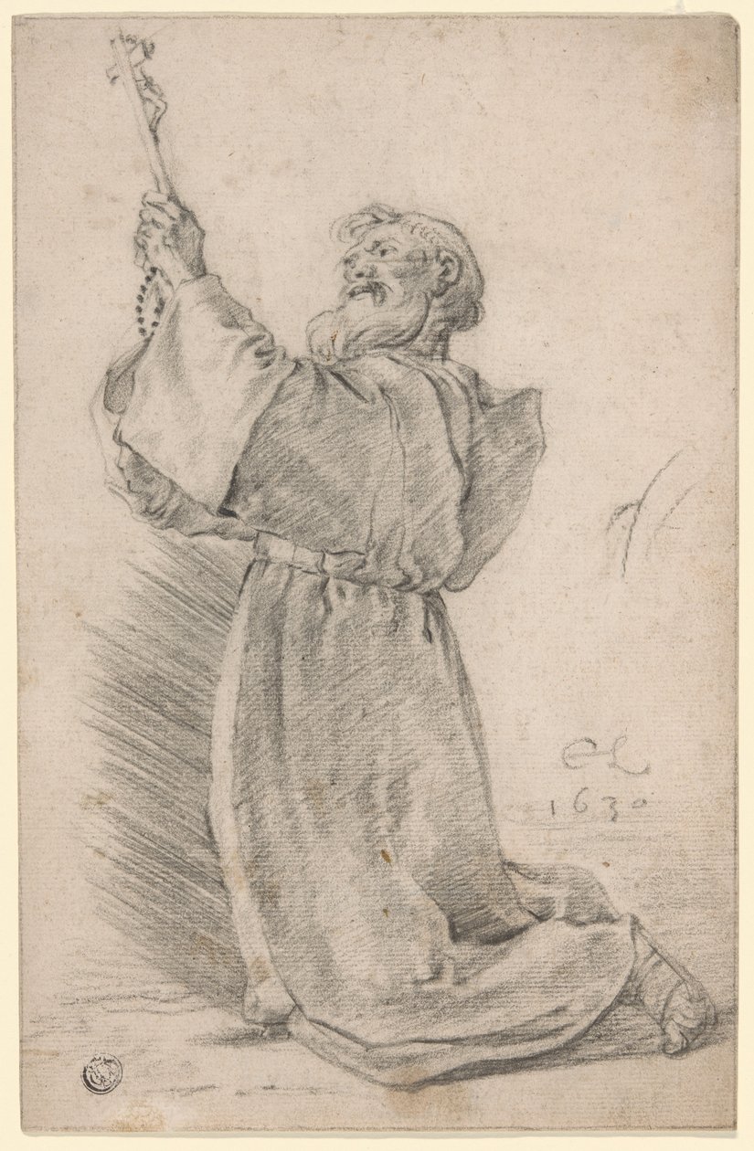 Kneeling Monk Holding a Crucifix by Cornelis Saftleven