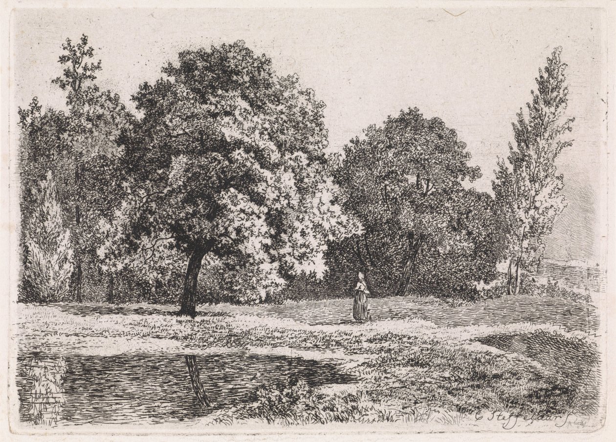 Landscape with Trees, Lake, and a Woman (Fifth Suite) by Cornelis Steffelaar