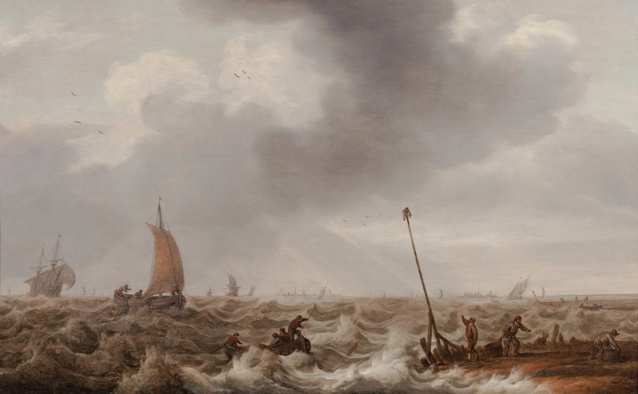 Shipping in Choppy Seas Along the Coast with a Jetty, Beacon, and a Town in the Distance by Cornelis Stooter