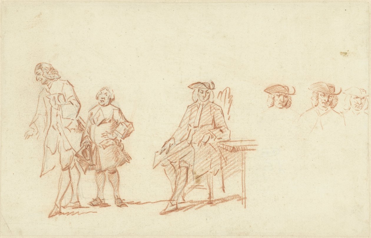 Study Sheet with Two Standing Men and a Seated Man, Whose Head is Repeated Three Times by Cornelis Troost
