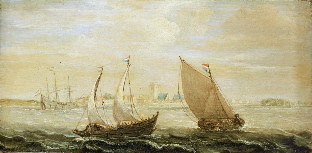 A yacht and a small Dutch sailing ship, off the coast of a port in the Zuiderzee (North Sea), with a view of the city on the horizon and sand dunes on the right by Cornelis Verbeeck