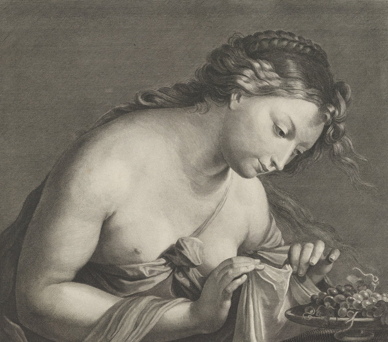 Erigone leaning over a platter of grapes and lifting a piece of cloth with both hands by Cornelis Vermeulen