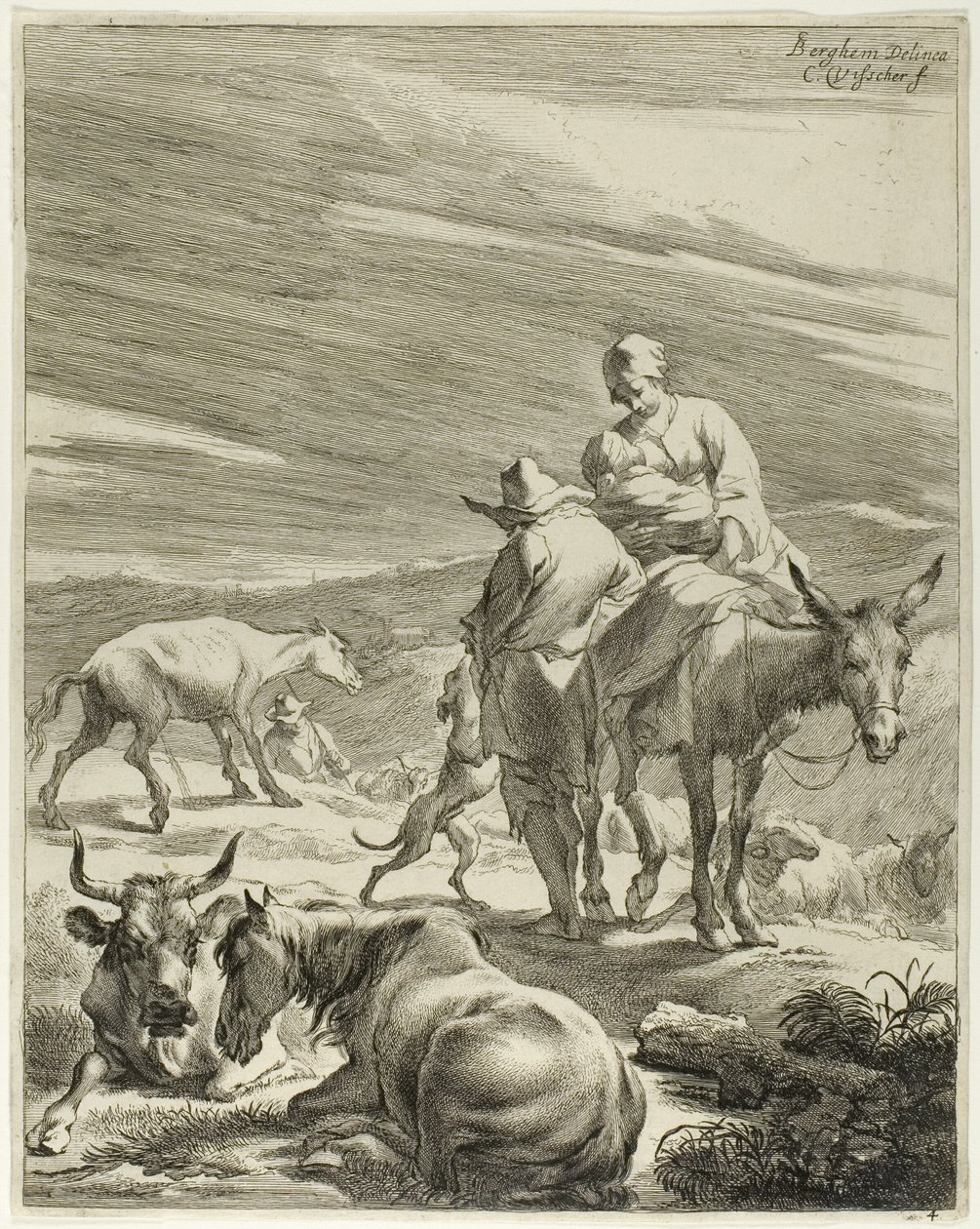 A Mother and Swathed Child Riding a Donkey, plate 4 from Four Landscapes by Cornelis Visscher