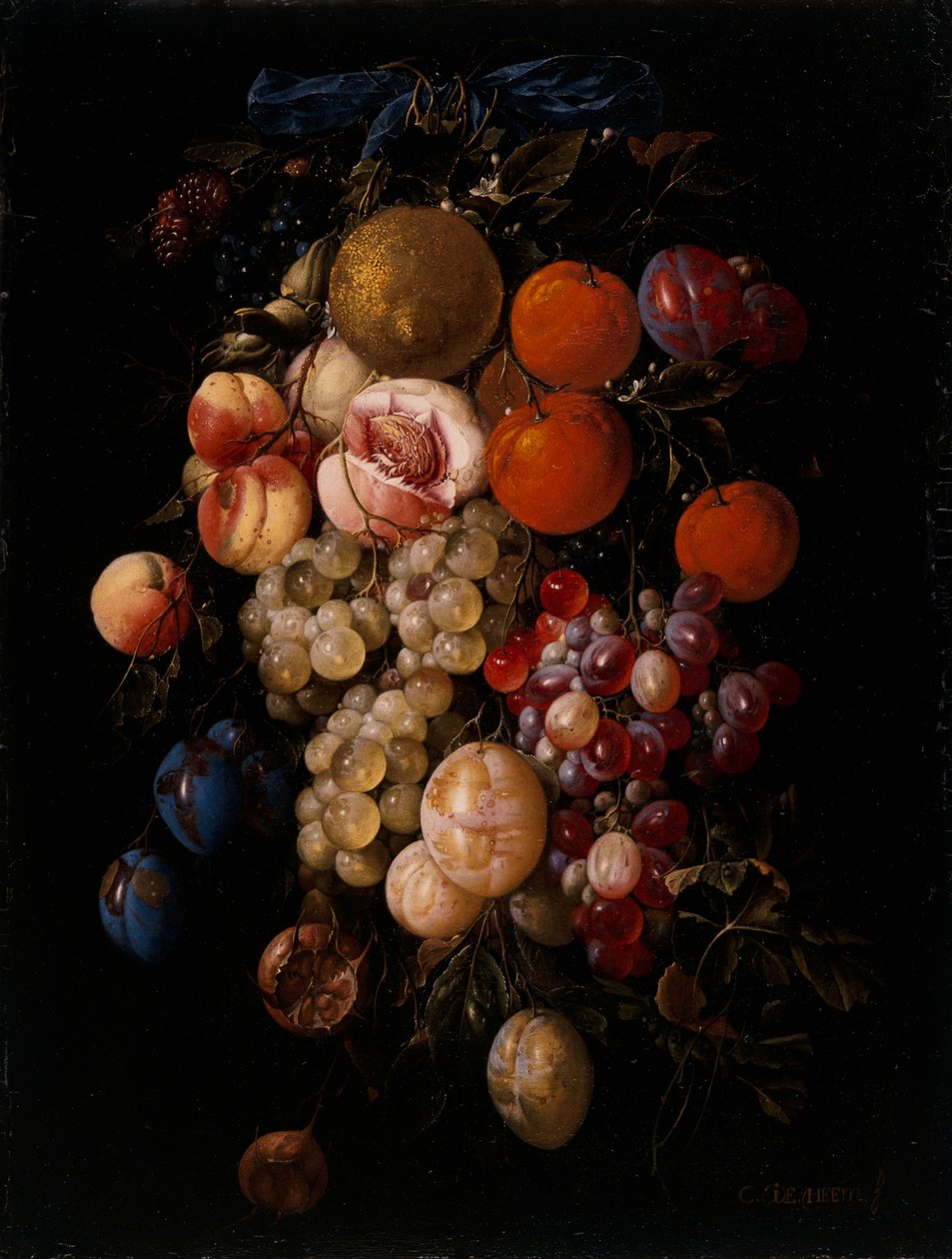 Still Life of Grapes, Cherries and Plums Hanging from a Nail with a Blue Ribbon by Cornelis de Heem