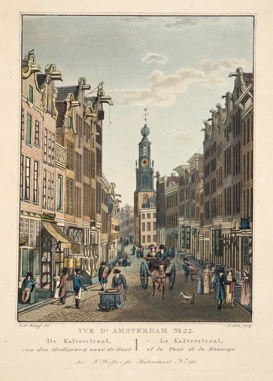 View of Amsterdam No.22. De Kalverstraat, from Heiligeweg to the Mint. Le Kalverstraat, and the Tower of the Mint, 1825 by Cornelis de Kruyff