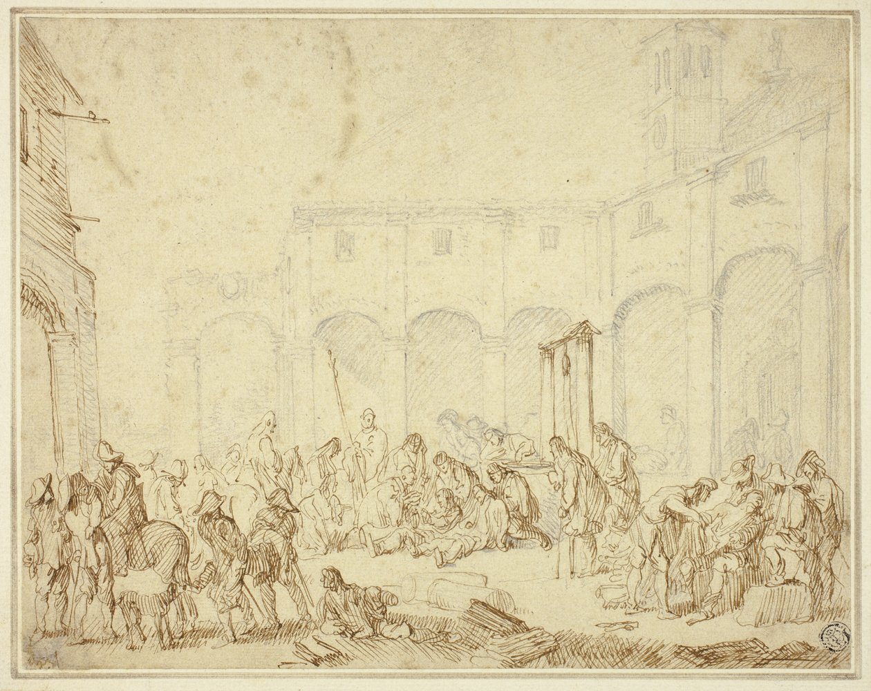 Wounded Soldiers in a Courtyard on Town Square by Cornelis de Wael