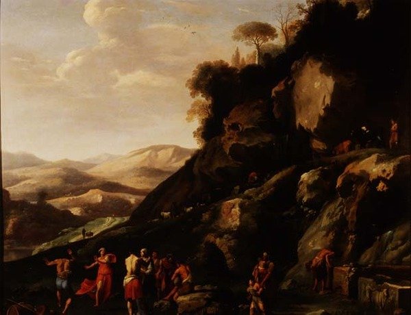 Peasants dancing in a landscape by Cornelis van Poelenburgh or Poelenburch