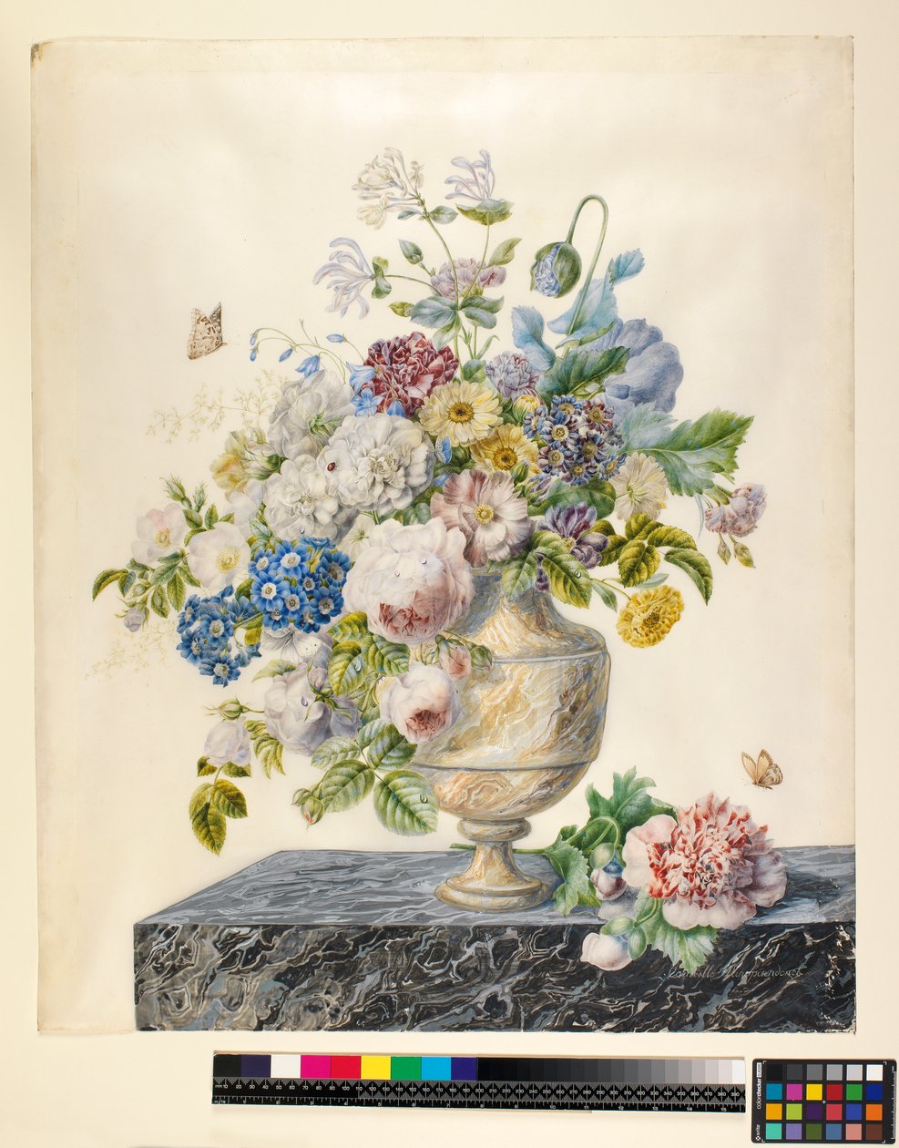 A Marble Vase of Mixed Flowers on a Marble Shelf by Cornelis van Spaendonck