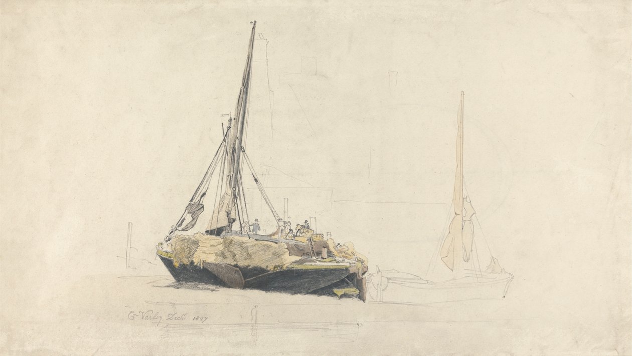 A Sailing Barge Being Loaded with Hay, December 1827 by Cornelius Varley