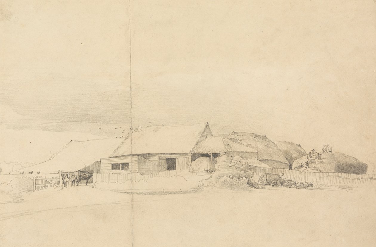 Farm Buildings with Stack Makers by Cornelius Varley