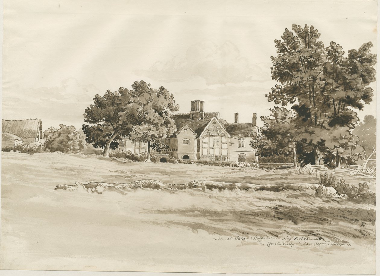 Oaken - Farm House: Sepia Wash Drawing by Cornelius Varley