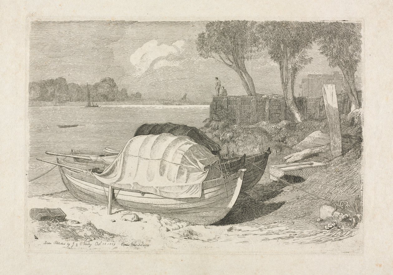 Two Beached Fishing Boats by Cornelius Varley