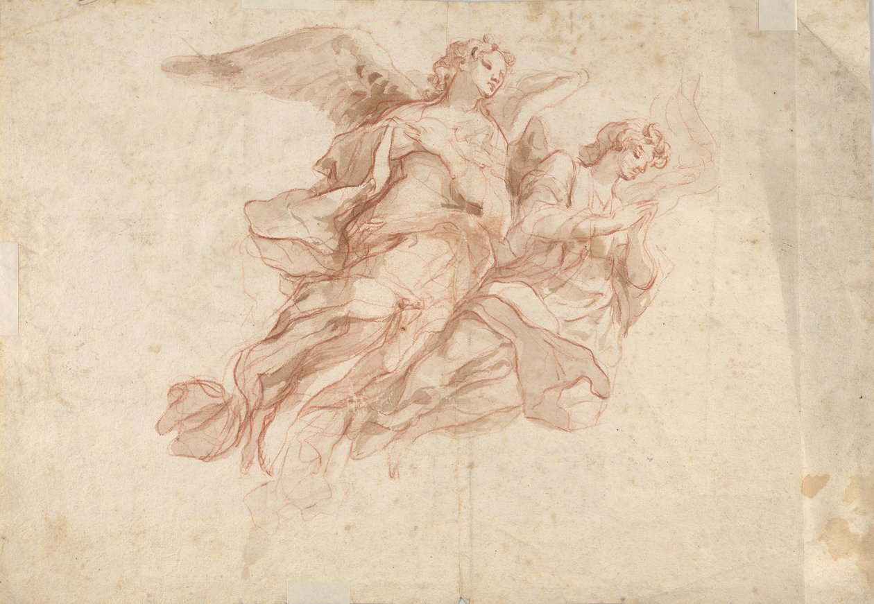 Two Angels Flying, verso: God the Father Seated in the Clouds and a Sketch of a Figure Flying by Cosmas Damian Asam