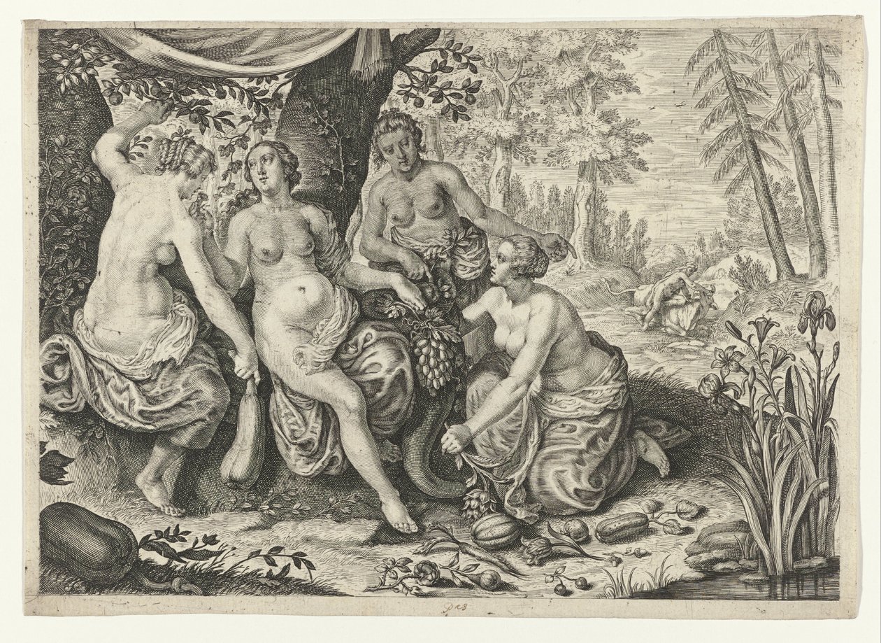 Nymphs Filling the Horn of Plenty (Metamorphoses of Ovid) by Crispijn van de Passe (II) (attributed to)