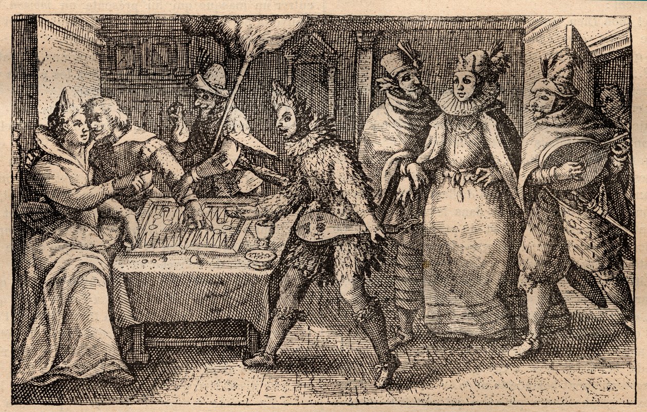 A backgammon party with strolling players - Dutch copper-plate engraving; from a set of prints, Hortus Voluptatem, by Crispin de Passe by Crispin I de Passe