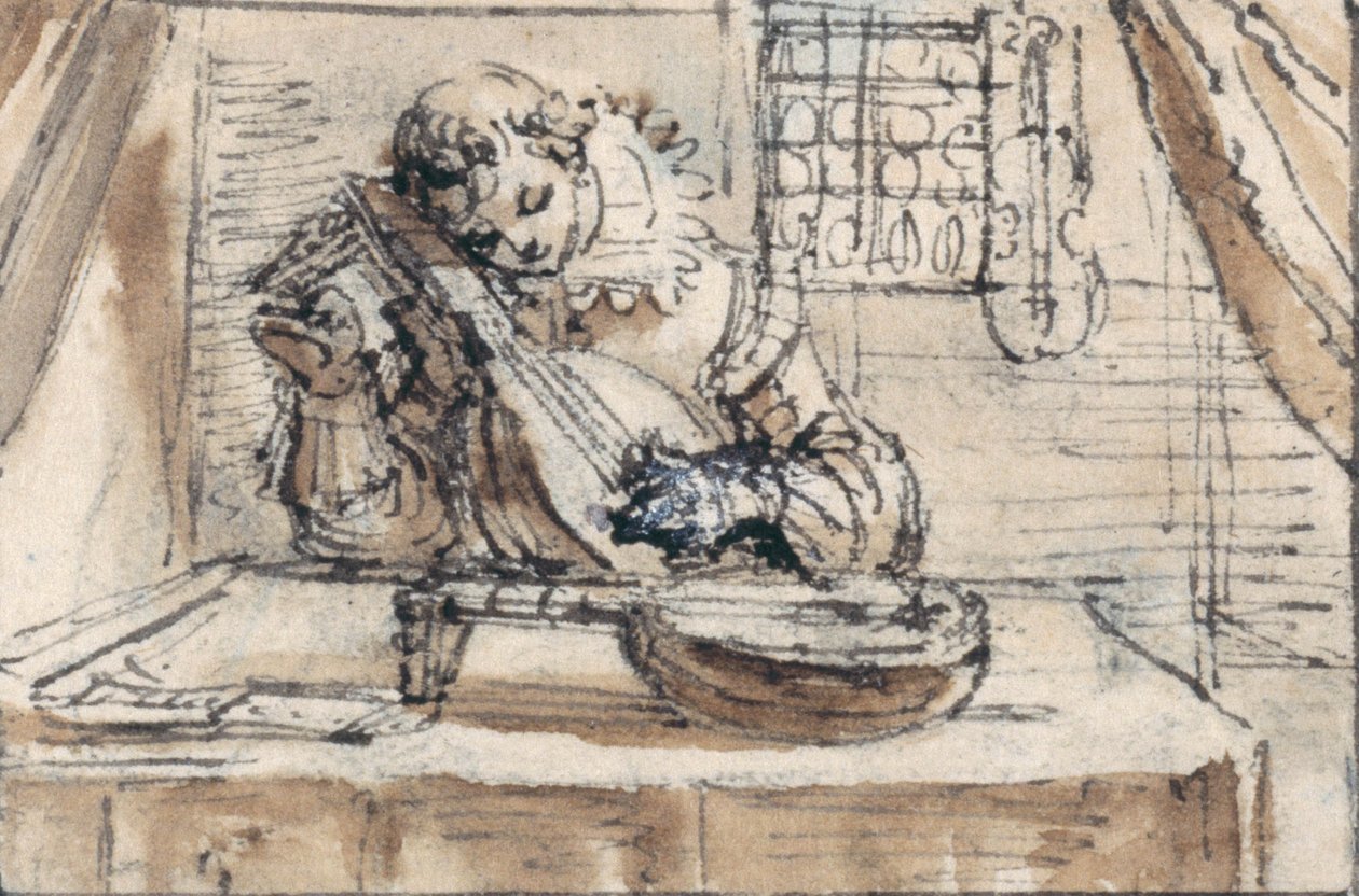 Youth tuning his instrument by Crispin I de Passe