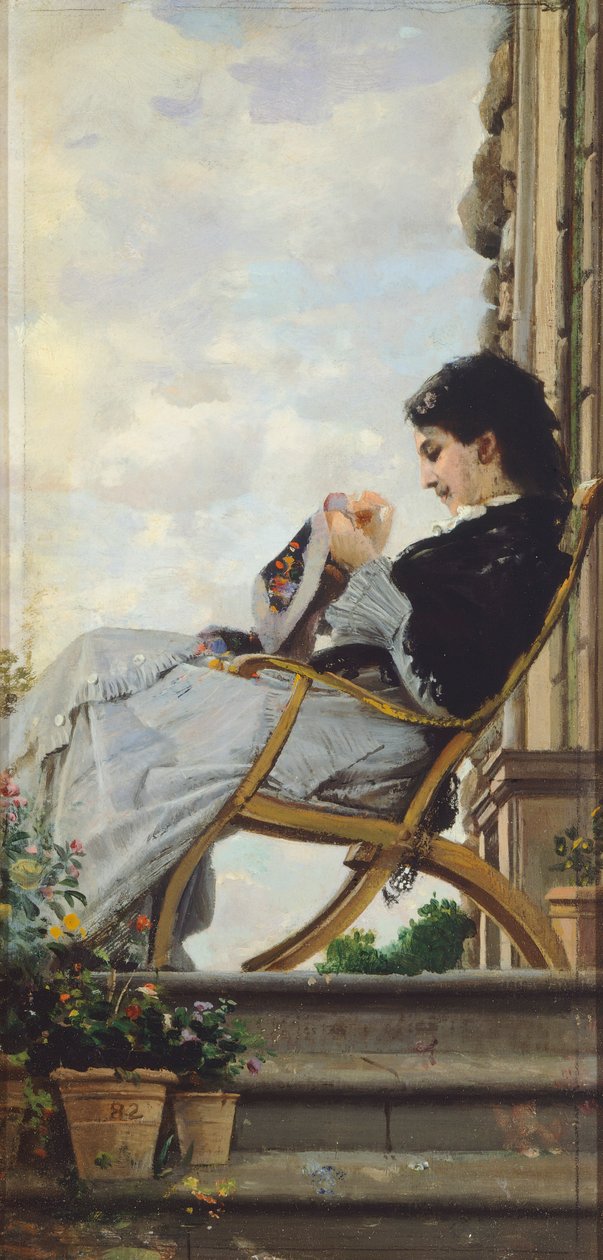Woman Sewing on the Terrace by Cristiano Banti