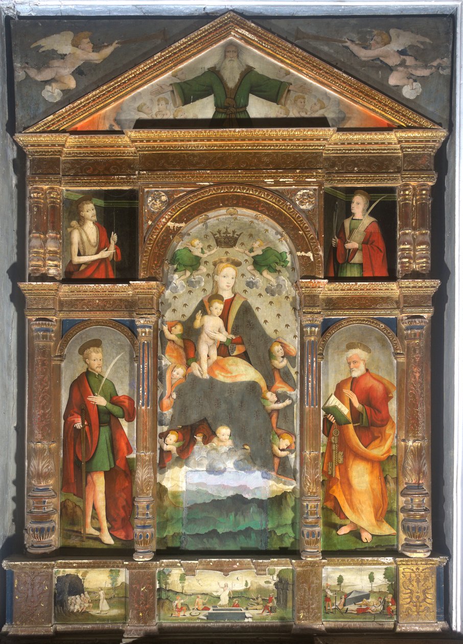 Crowned Madonna and Child with Angels, Saint Paul, Saint Peter by Cristoforo (fl.1525 1578) & Pancalino Raffaele (fl.1514 1573) Pancalino