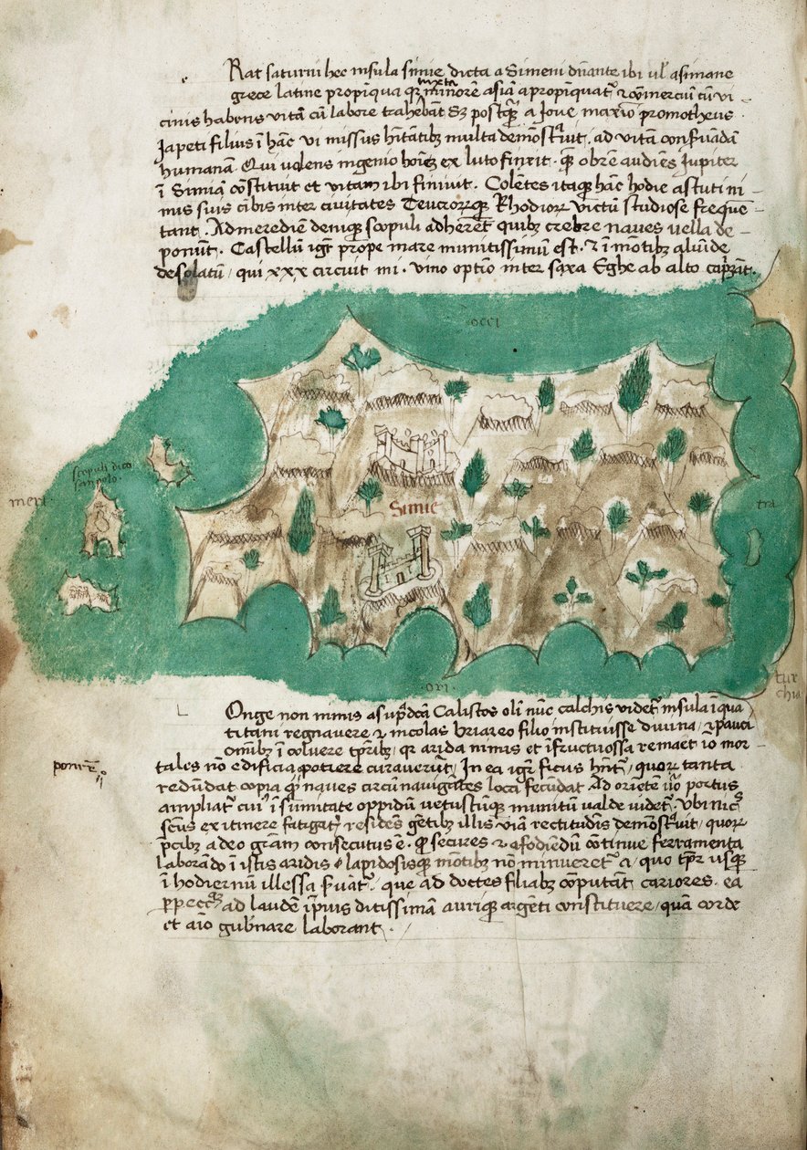 Symi, cartographic survey of the Greek island, with handwritten notes on vellum by Cristoforo Buondelmonti