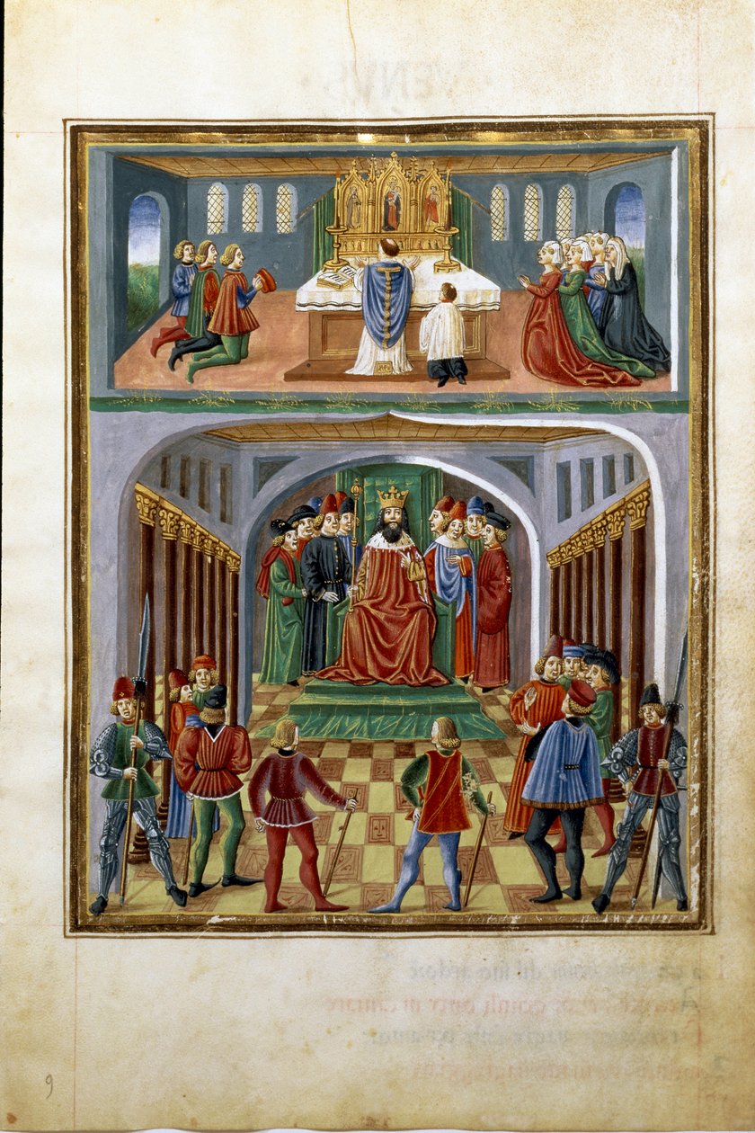 Influence of the Sun: Temporal Powers (King Before His Courtiers) and Spiritual Powers (Priest Serving in a Church) by Cristoforo De Predis