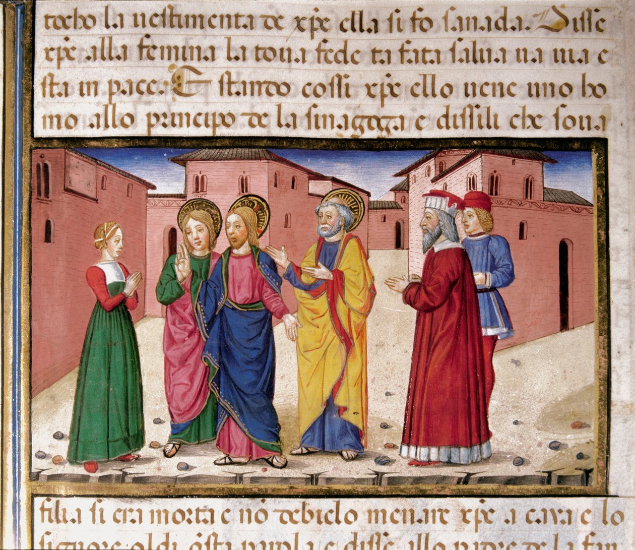 Jesus addresses the woman guilty of adultery. Miniature by Cristoforo De Predis after the History of the New Testament by Cristoforo De Predis