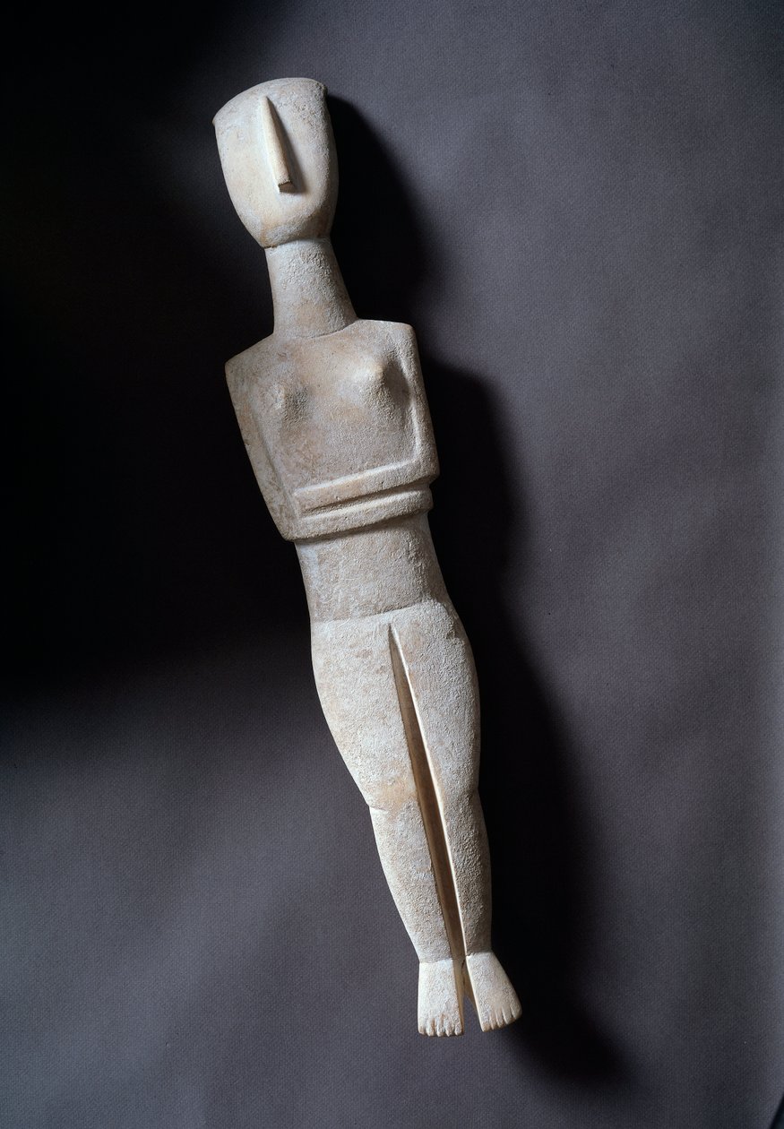Female Idol, Schematic Figurine, White Marble with Ochre Inlays (3200-2000 BC) by Cycladic Cycladic