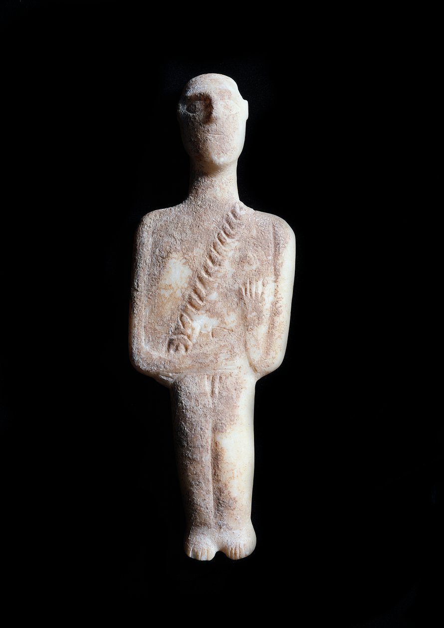 Male Idol, Schematic Figurine with Ochre Inlays by Cycladic Cycladic