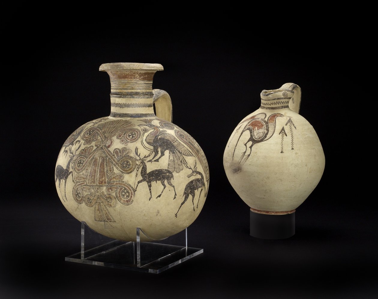 Bichrome IV Barrel-Shaped Cypro-Phoenician Jug, and Phoenician Vase with Sacred Tree, Stags, Crested Birds and Lotus Flowers by Cypriot