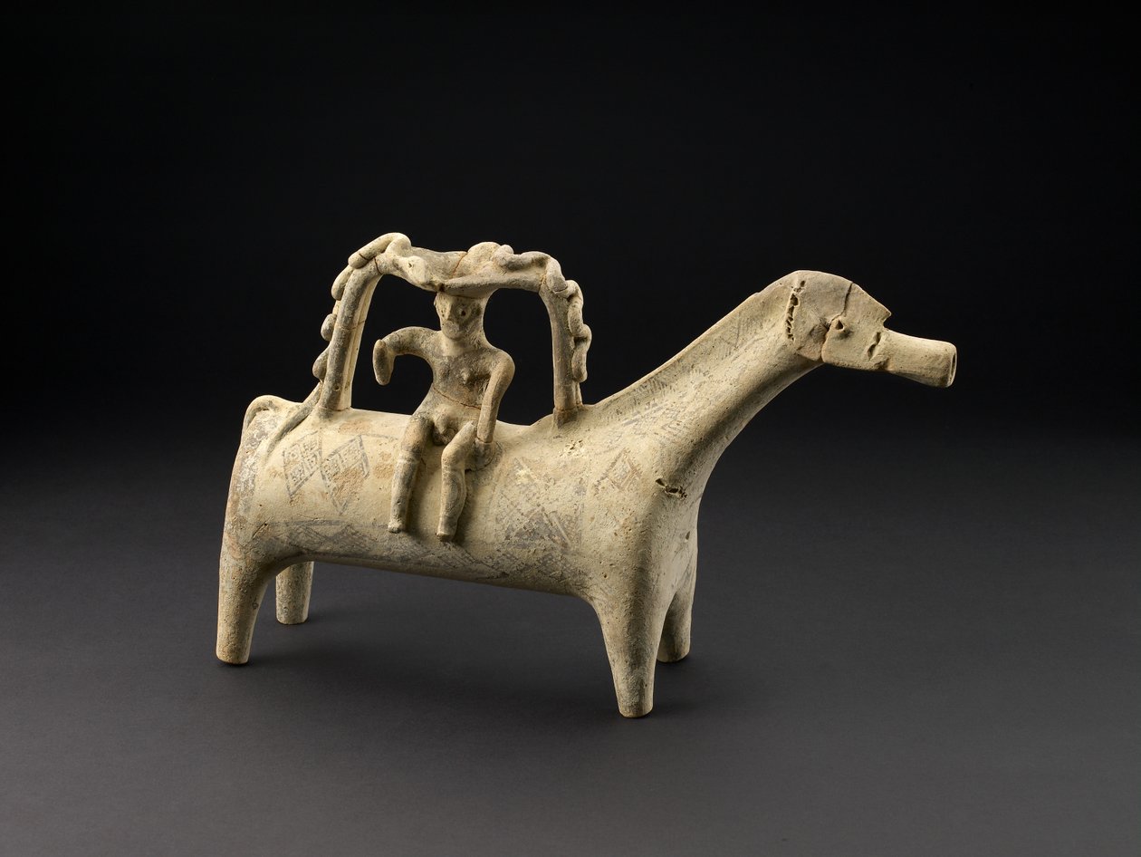 Terracotta horse rhyton with rider as part of handle on back, Late Cypriot IIIB Period, c.1125-1050 BC by Cypriot