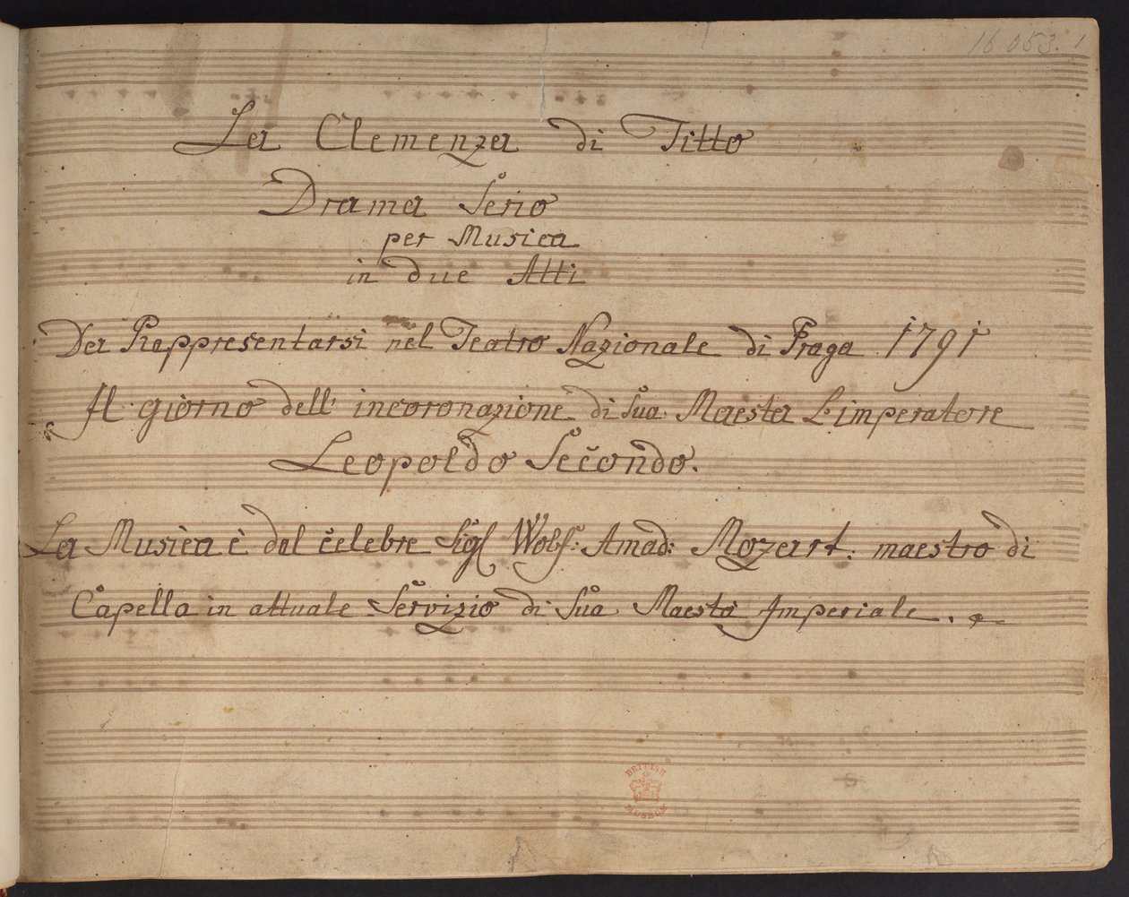 Title page of the score La Clemenza di Tito by Czech School