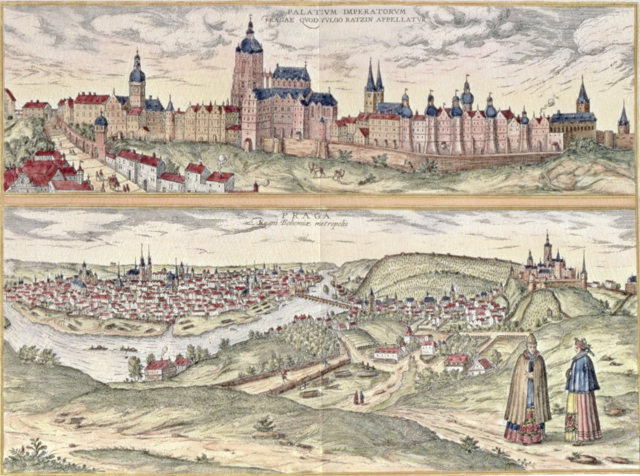 View of Prague showing the Imperial Palace and the Vltava river (engraving) by Czech School