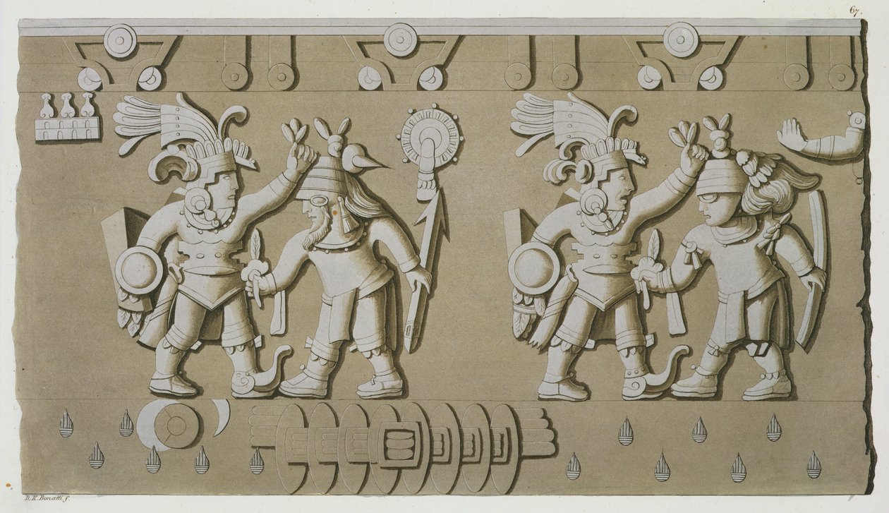 Bas Relief of Ancient Aztec Warriors, from The Stone of Tizoc Commemorating a Ruler Holding his Captives by the Head by D.K. Bonatti