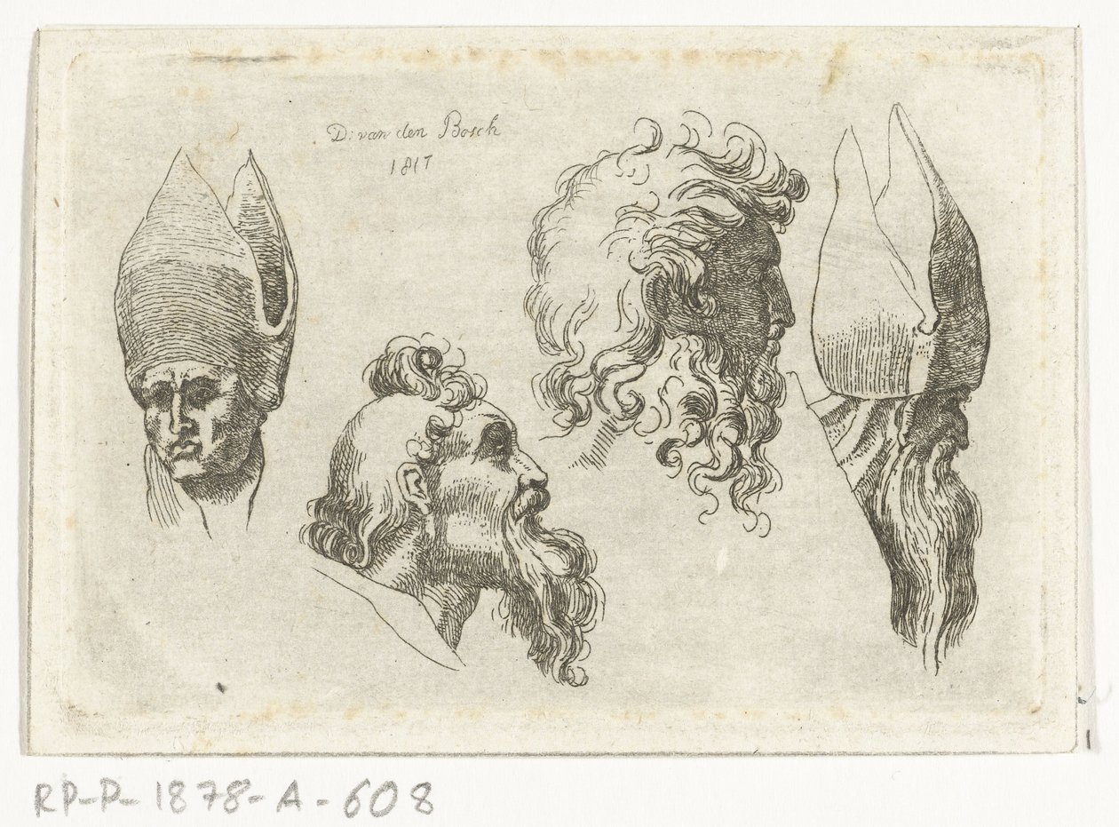 Study Sheet with Four Heads, Two with a Mitre by D. van den Bosch