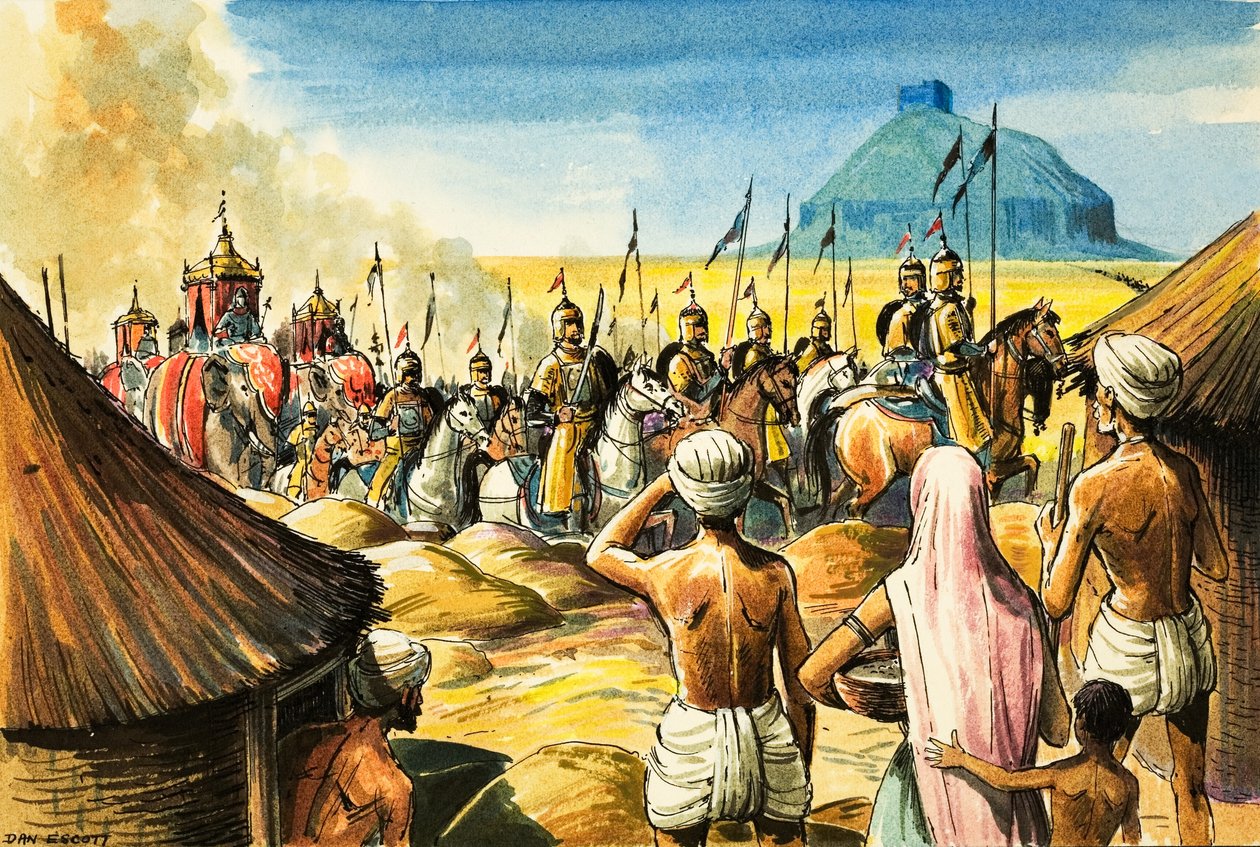 Indian Natives Watch as a Procession of Elephants and Soldiers Approach a Fort by Dan Escott