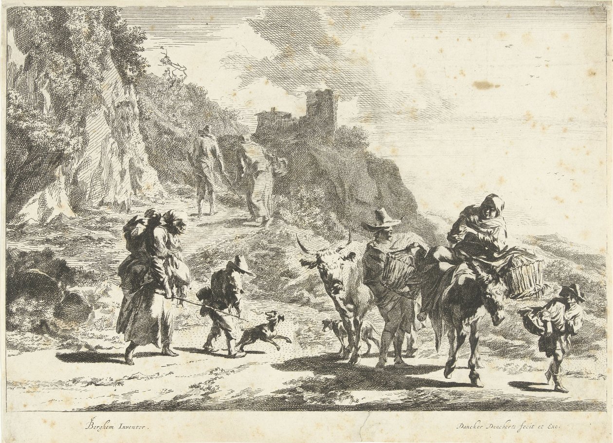 Woman on a Packed Donkey, Man with Cow and Other Travelers in Mountain Landscape by Dancker Danckerts