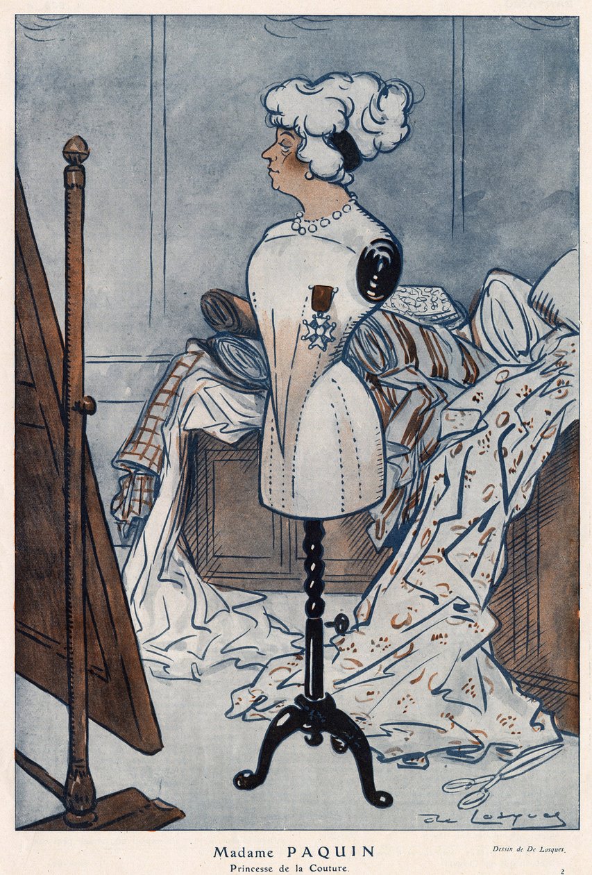 Madame Jeanne Paquin (1869-1936), French couturiere, represented with the cross of the Legion of Honour which she has just obtained - illustration by Daniel De Losques in Fantasio of 1913 by Daniel de Losques