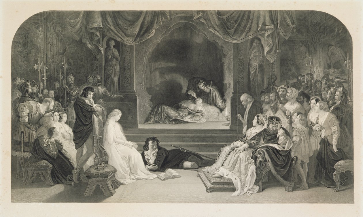 The Play Scene, Act III, Scene II of Hamlet by William Shakespeare, engraved by Charles W. Sharpe by Daniel (after) Maclise