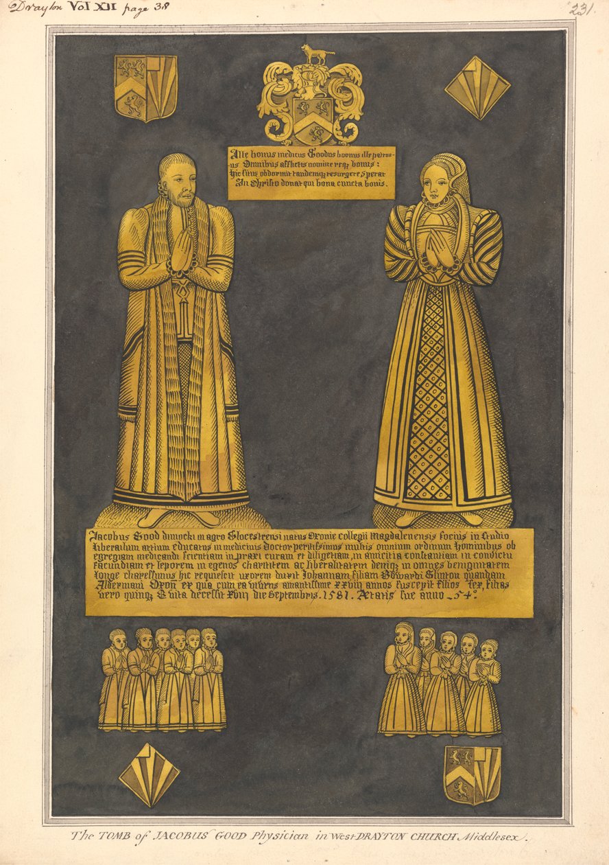 Brass Plate for Dr. James Goode and his Wife Joan, Daughter of Edward Clinton, West Drayton Church by Daniel Lysons