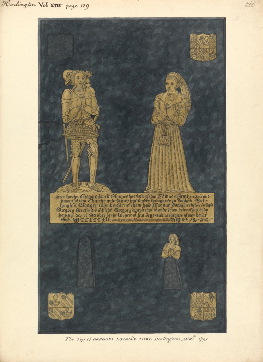 Brass Plate for Gregory Lovell and his Wife Anne, Daughter of David Bellingham, Harlington Church by Daniel Lysons