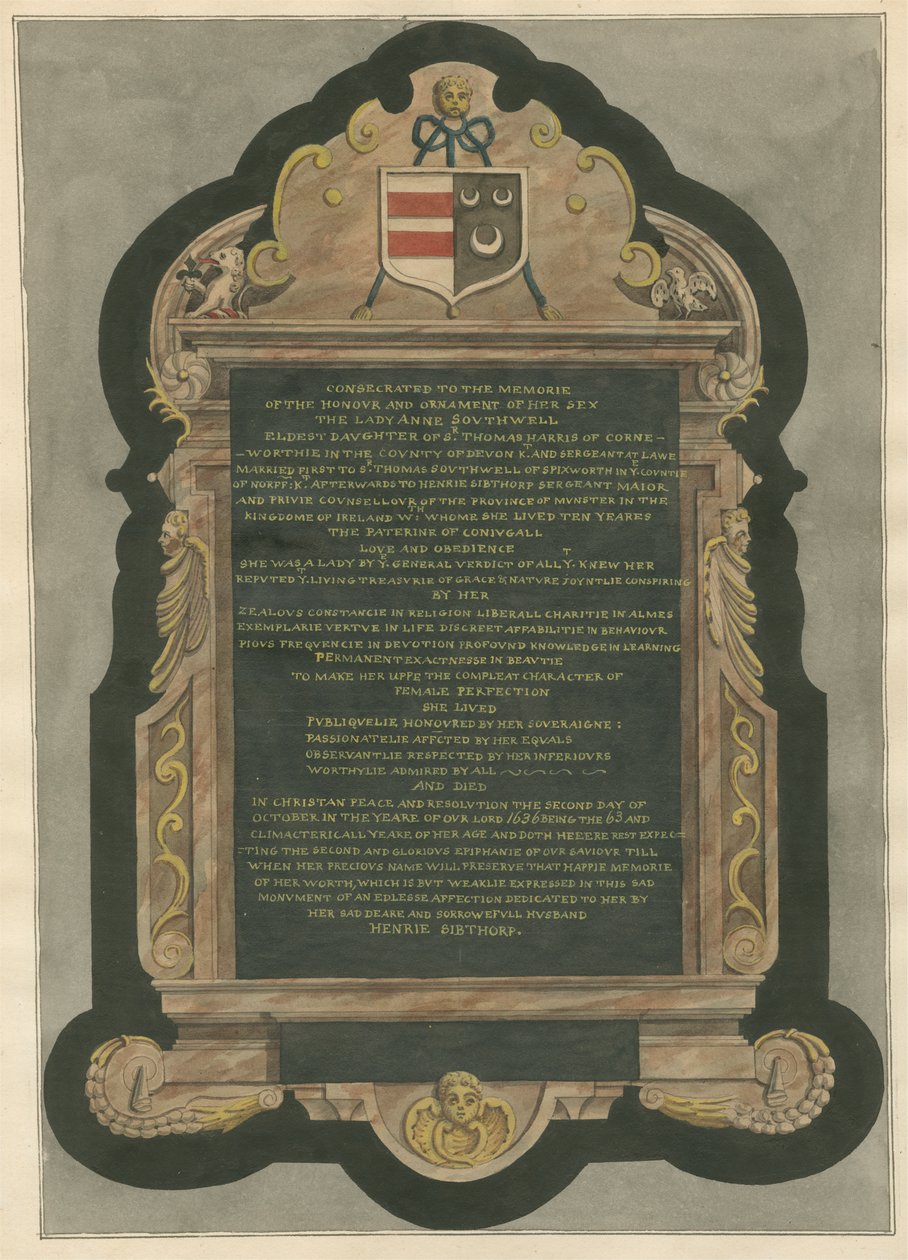 Memorial of the Lady Anne Southwell from Acton Church by Daniel Lysons