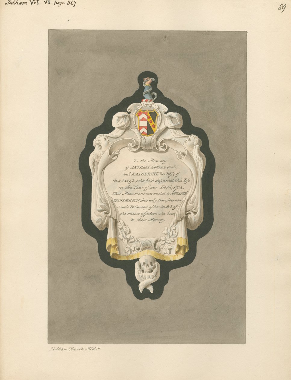 Memorial to Anthony and Katherine Nourse from Fulham Church by Daniel Lysons